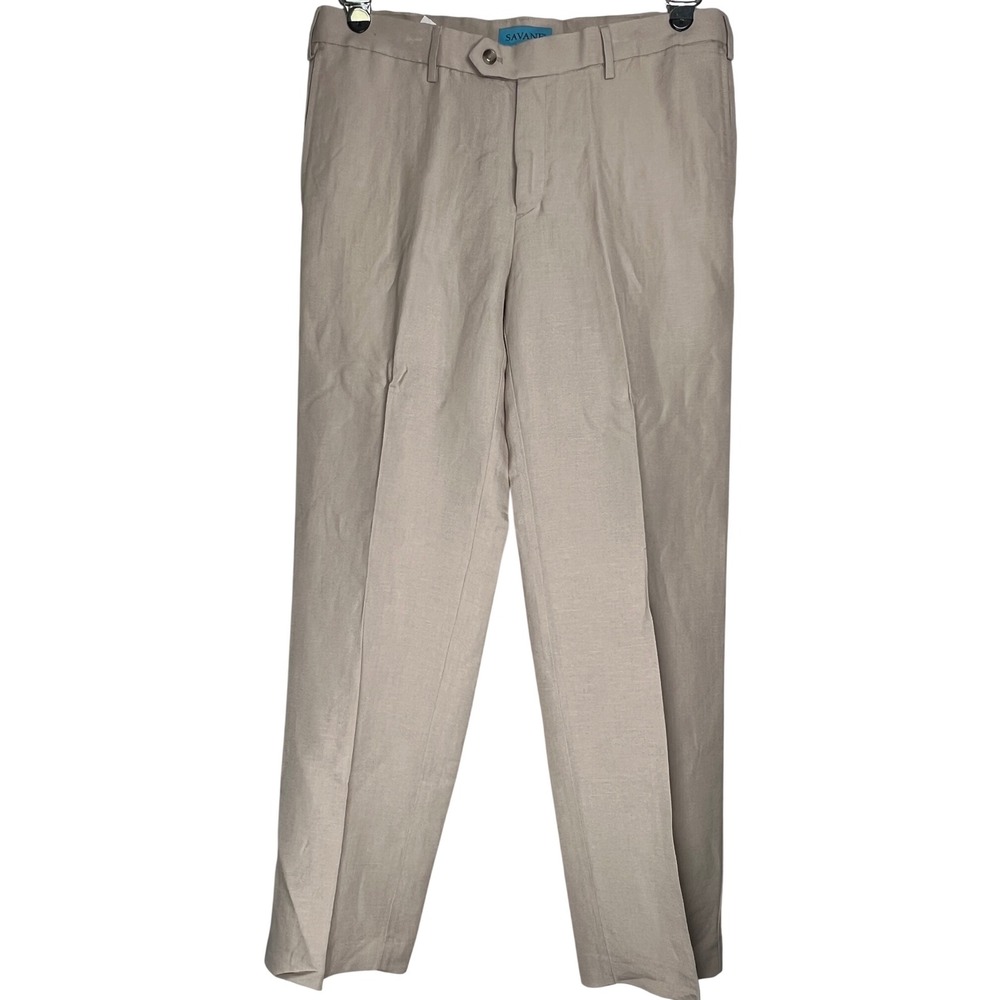 Savane Mens Linen Blend Flat Front Dress Pants Beige Tan 34x32